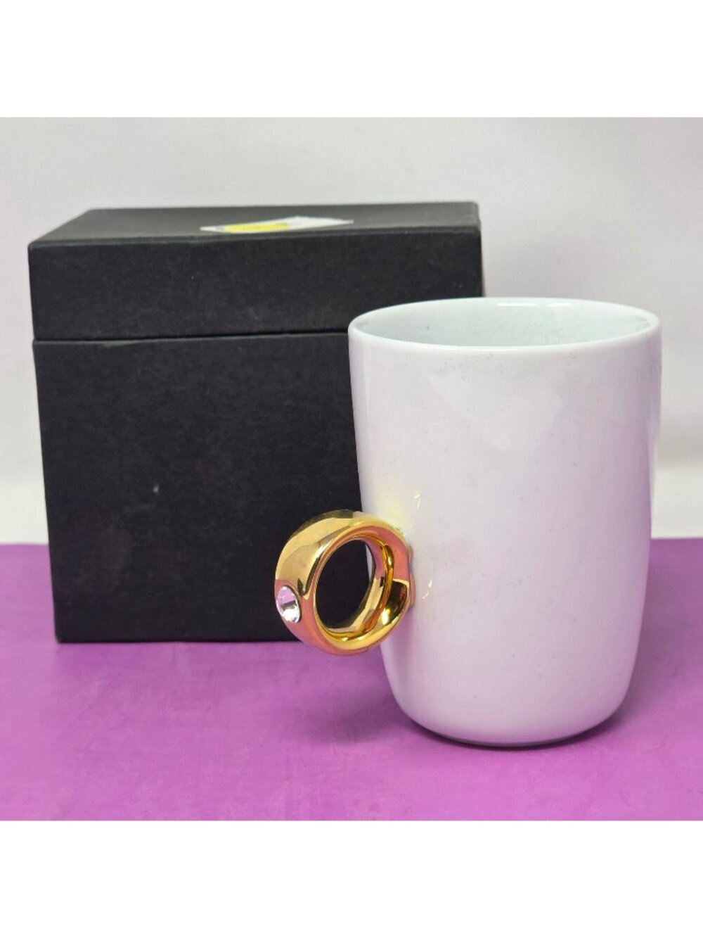 Floyd China 6oz White Ceramic Mug With Gold Ring Handle Crystal Accent Gift Box
